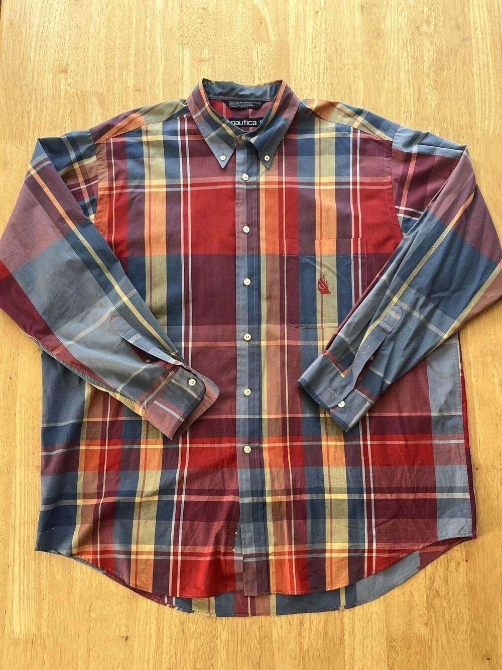 Nautica Men's XL Plaid Multicolor Button-Down Shirt 100% Cotton Woven